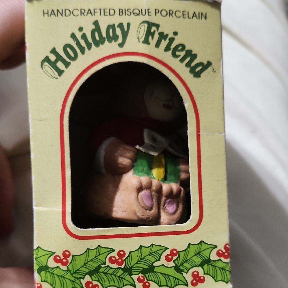 Giftco 1998 Handcrafted Bisque Porcelain Bear - Red and Green Bell
